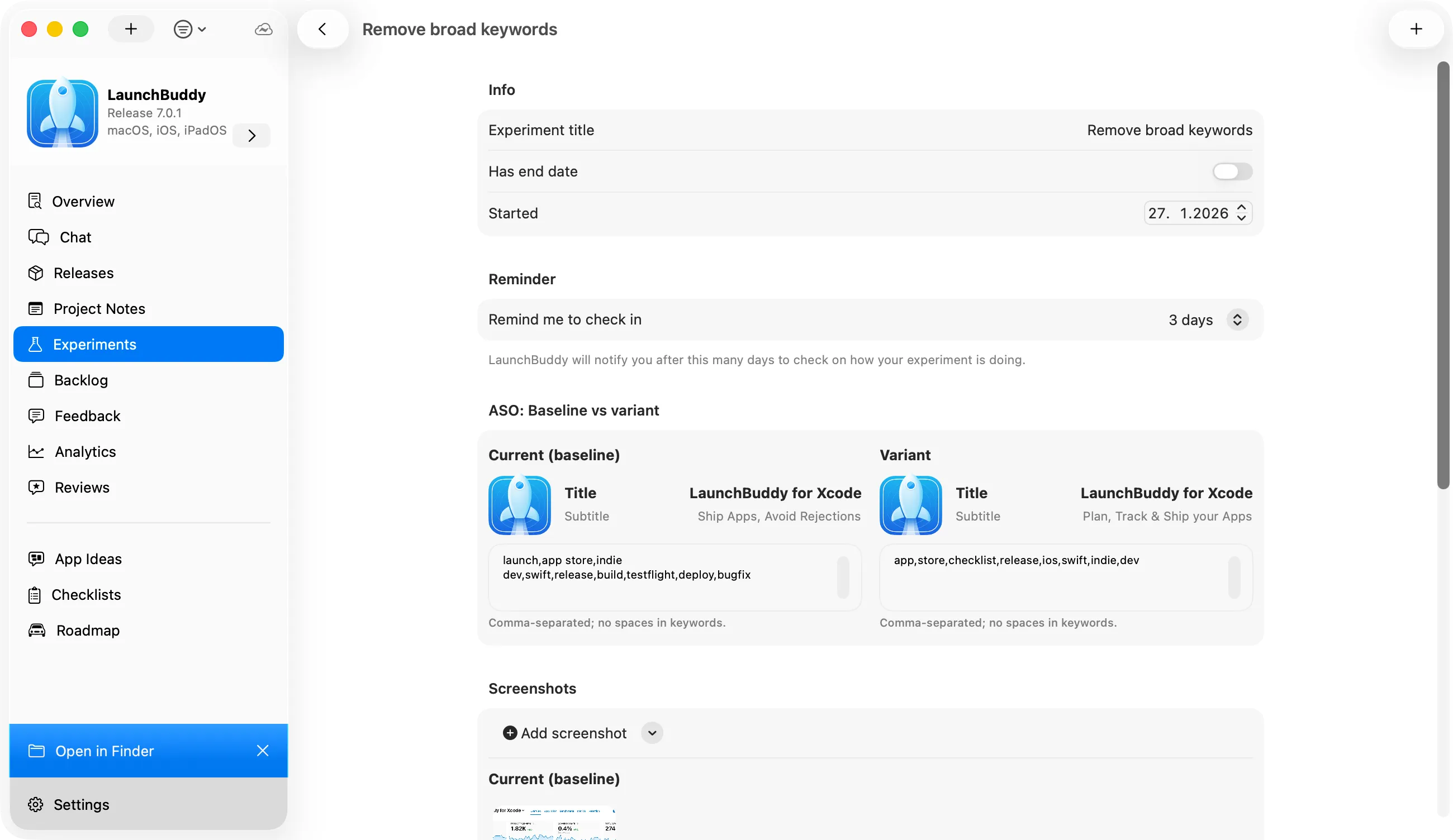LaunchBuddy ASO experiments tracking for App Store optimization