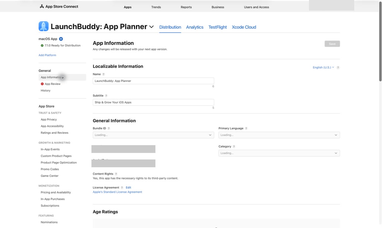 App Store Connect App Information page with name and subtitle fields
