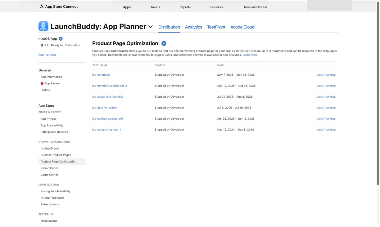 App Store Connect Product Page Optimization list of past treatments