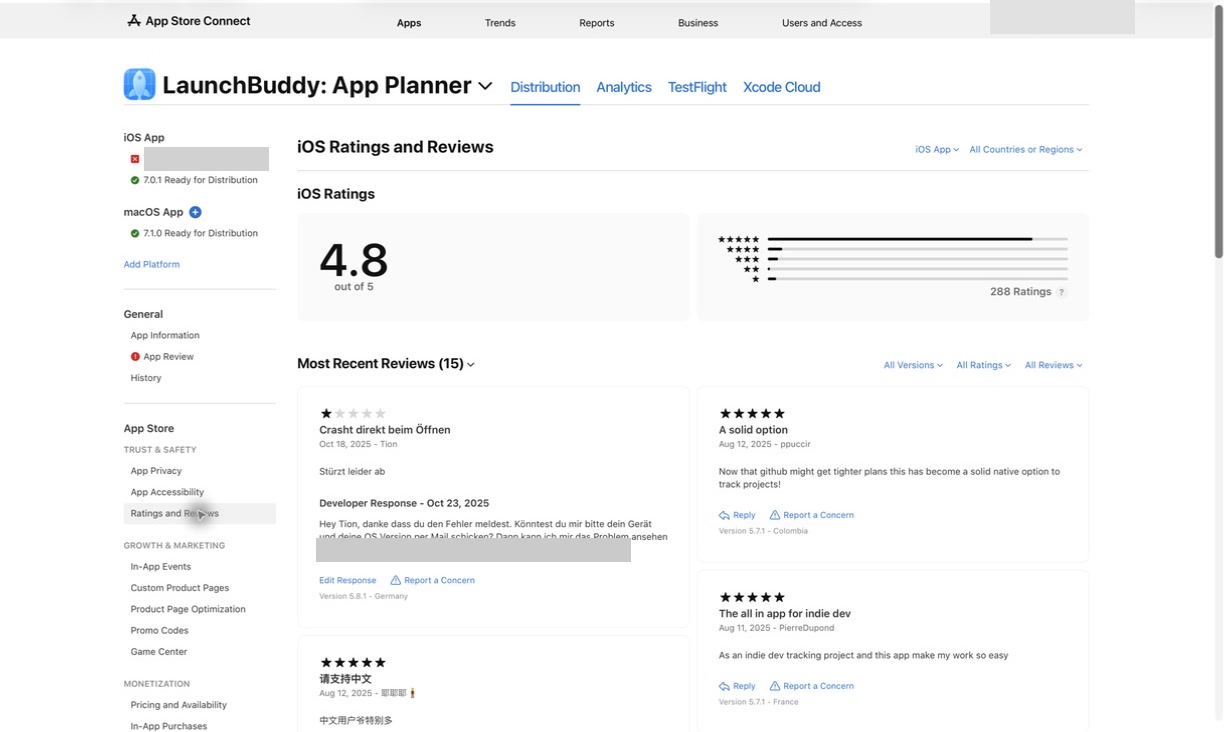 App Store Connect Ratings and Reviews page with rating summary and recent reviews