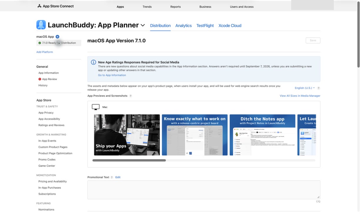 App Store Connect version page showing App Previews and Screenshots plus promotional text