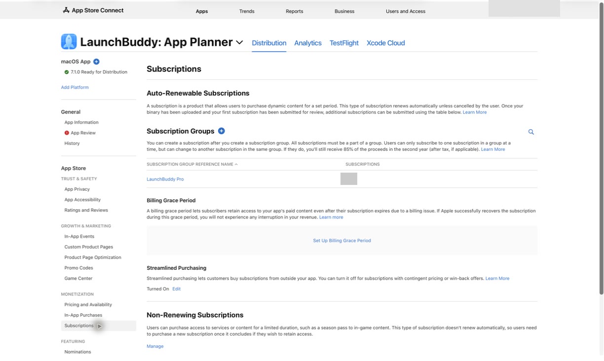 App Store Connect Subscriptions page showing the LaunchBuddy Pro subscription group