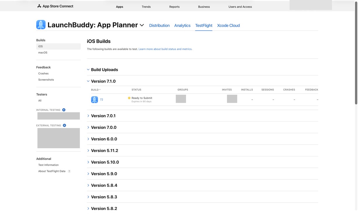 App Store Connect TestFlight iOS builds list with a build ready to submit