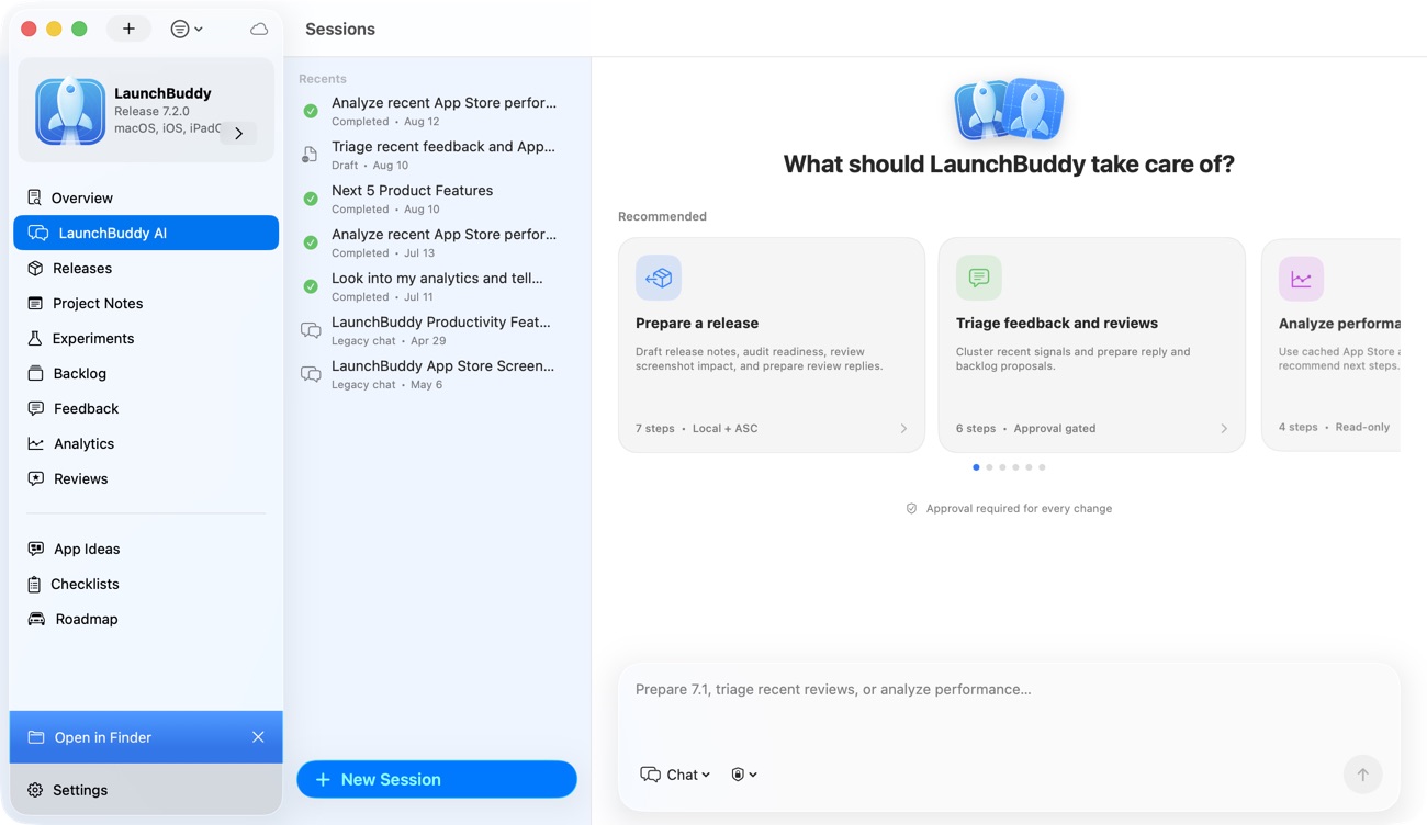 LaunchBuddy AI home with approval-gated playbooks for releases, reviews, and analytics