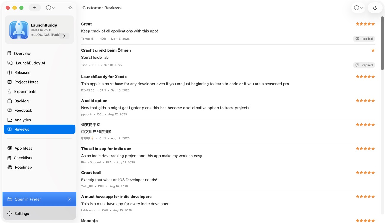 LaunchBuddy Customer Reviews inbox with ratings, locales, and replied status
