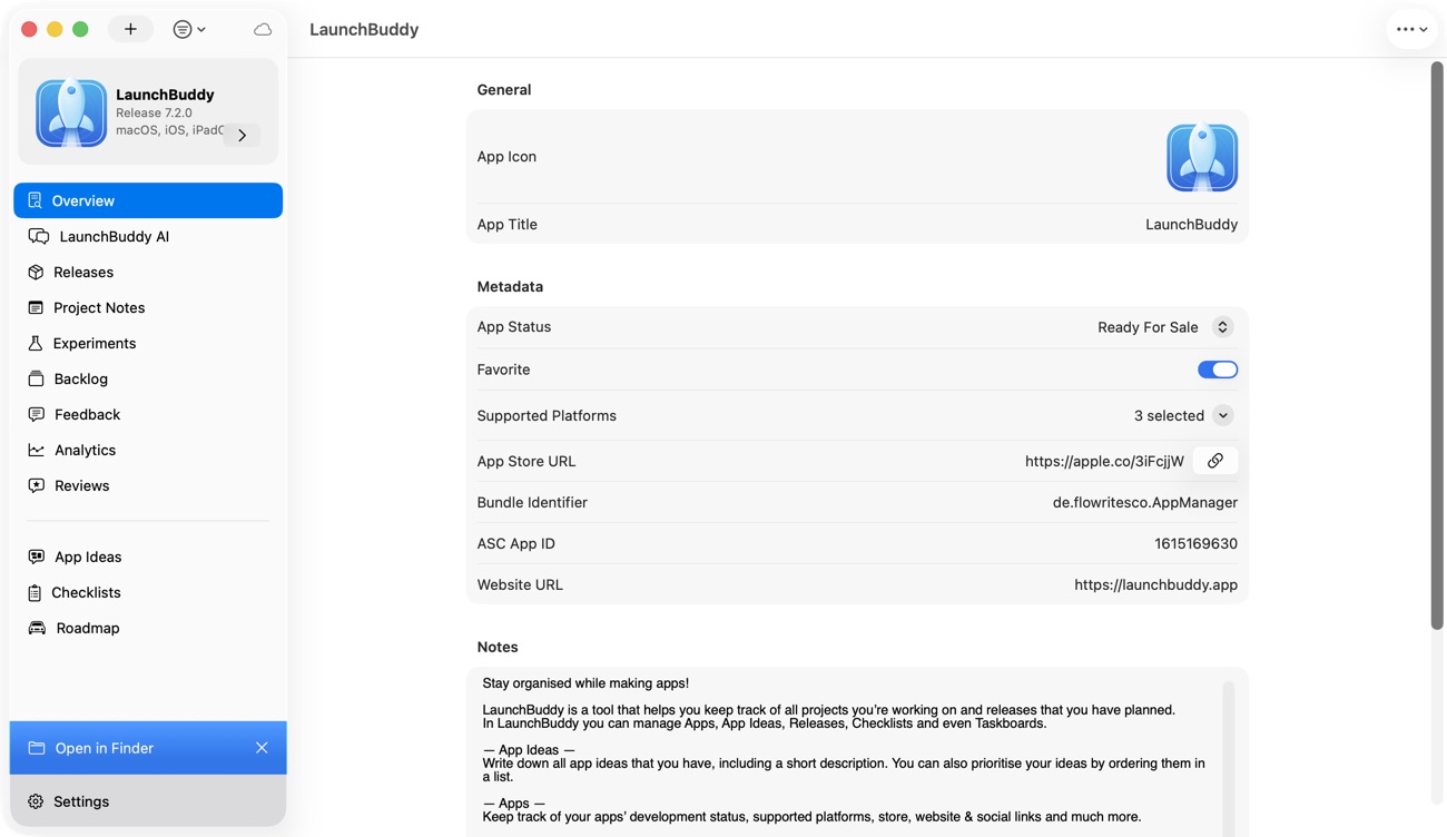 LaunchBuddy overview showing app status, App Store URL, bundle ID, and ASC app ID