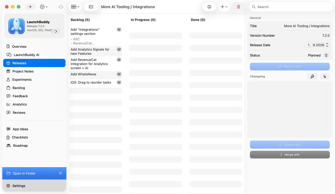 LaunchBuddy Releases board with backlog tasks, version metadata, and changelog draft